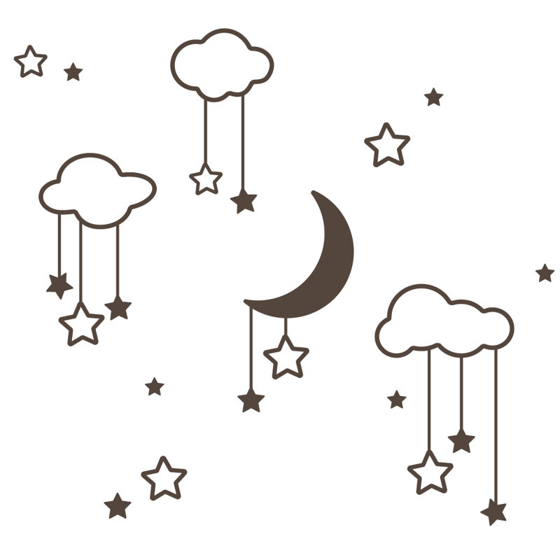 Décalcomanie murale étoiles et nuages lune, H 36 po x l 39 po x P 0,01 po, Brun