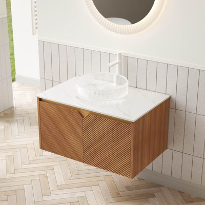 Meuble-lavabo de salle de bain 30 po Ruben, armoire de rangement flottante en contreplaqué, portes doubles en sergé avec garniture en métal, vasque ronde en verre transparent et plateau en pierre frittée blanc de Carrare, couleur grain de bois de chêne brun