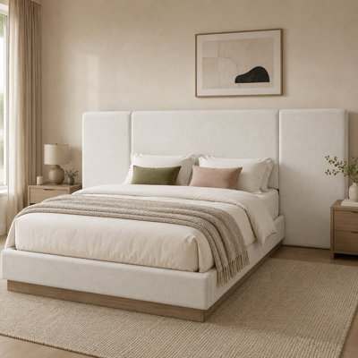 Grand lit plateforme tapissier Orvelithra avec tête de lit allongée de 112,4 po, rembourrage en mousse épaisse de 3,94 po, tissu en toile ivoire et gris clair, base en bois de chêne brun de qualité supérieure, structure en métal