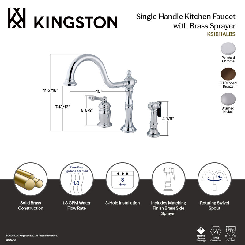 Kingston Brass Heritage Single-Handle 3-Hole Widespread Kitchen Faucet with Brass Sprayer, Brushed Nickel