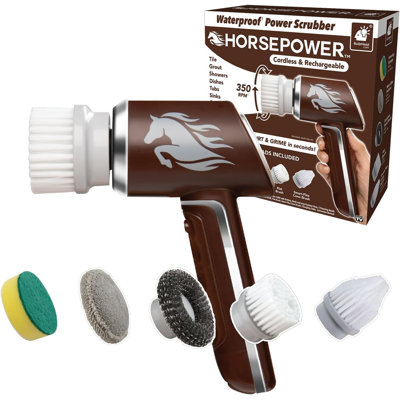 Ruby Horsepower Handheld Cordless Rechargeable Spinning Power Scrubber, AS-SEEN-ON-TV, Blasts Through Dirt & Grime in Seconds, Great for Grout, Tiles, Showers & More, 300 RPMs, Includes 5 Brush Heads