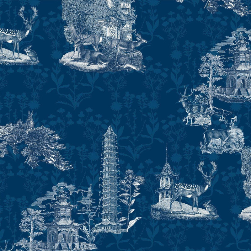 The Signature Pagoda Toile 10' L x 24" W Wallpaper Roll, Midnight, Faux Grasscloth, Non-pasted