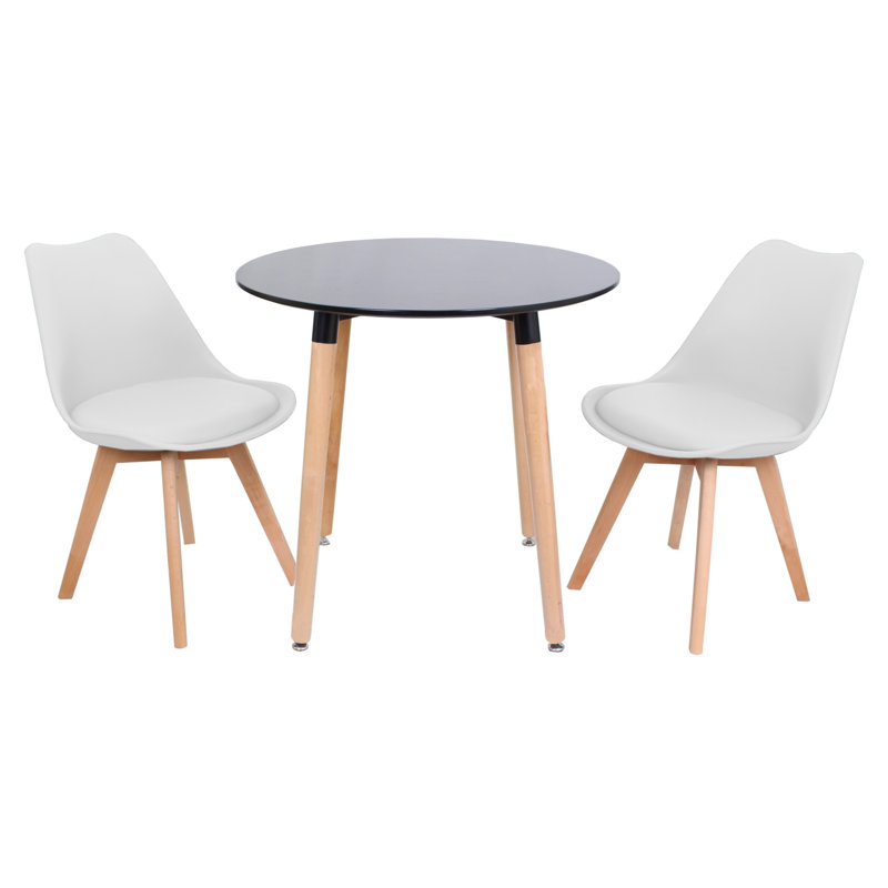 Todmorden 2 Person Dining set - a Round Plastic Dining Table with Wooden Legs and a Set of 2 Faux Leather Cushion Padded Dining Chairs for Dining Room - Modern Dining Table Set
