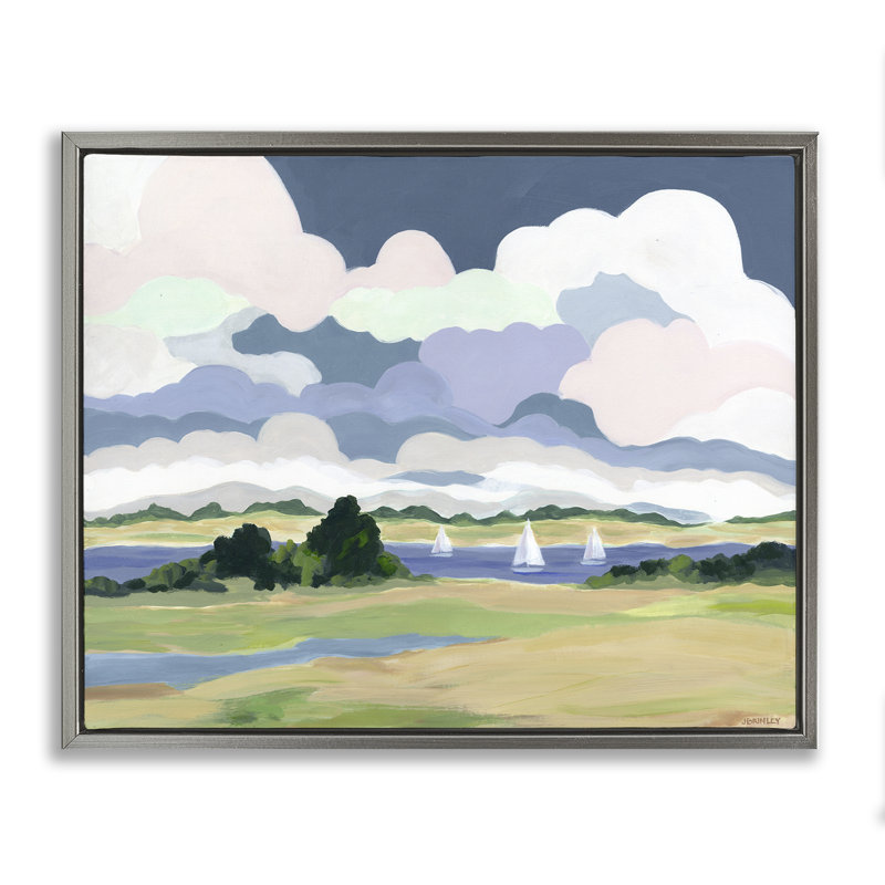 "Billowing Clouds Countryside Gray", art mural sur toile flottante par Jennifer Brinley, Cadre flottant gris lustré