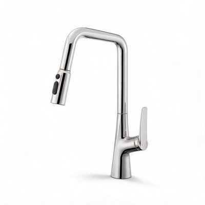 Robinet de cuisine en métal chromé avec douchette extractible et interrupteur à une touche