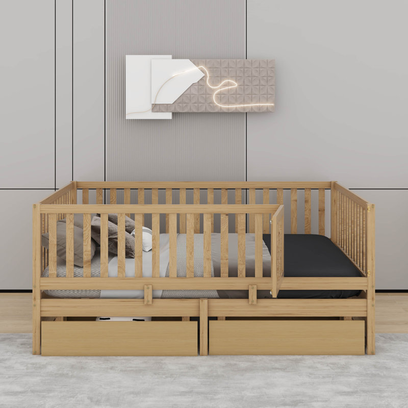 Full Size Wood Daybed With Fence Guardrails And 2 Drawers, Split Into Independent Floor Bed And Daybed, Natural