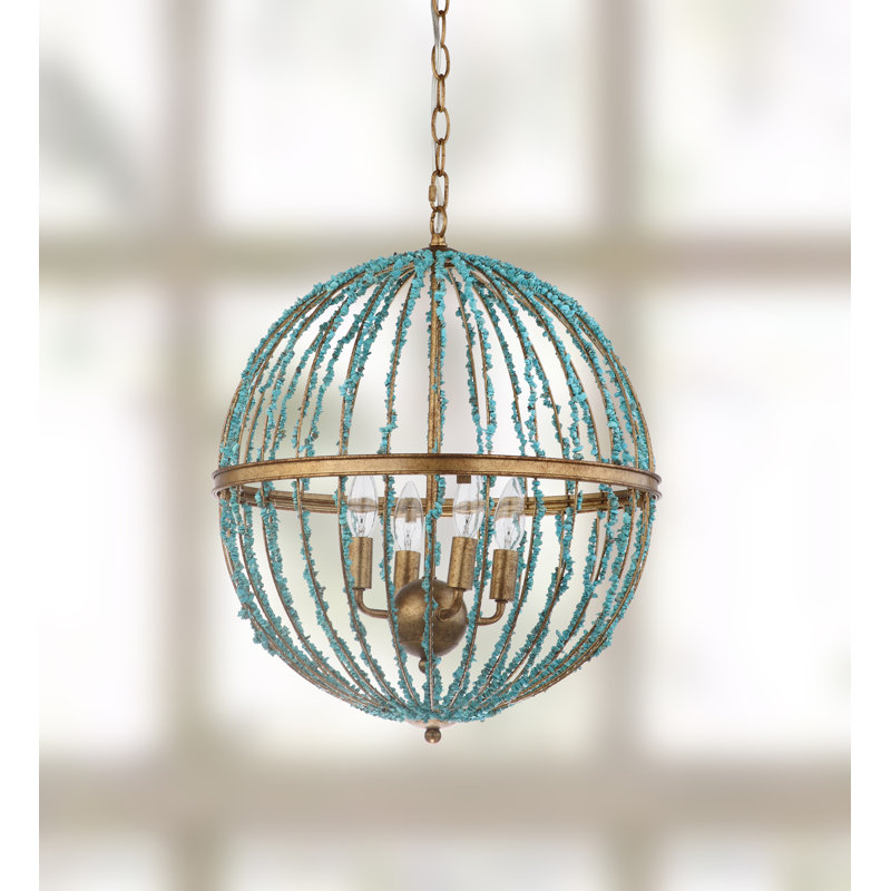 Lustre en forme de globe à 4 lumières de style bougie avec détails perlés Rahman