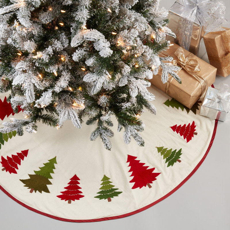 Holiday Pines Embroidered Cotton Tree Skirt in Red and Green