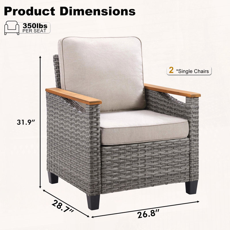 Ensemble de 2 chaises longues en osier gris avec accoudoirs ergonomiques et 4 coussins, Beige