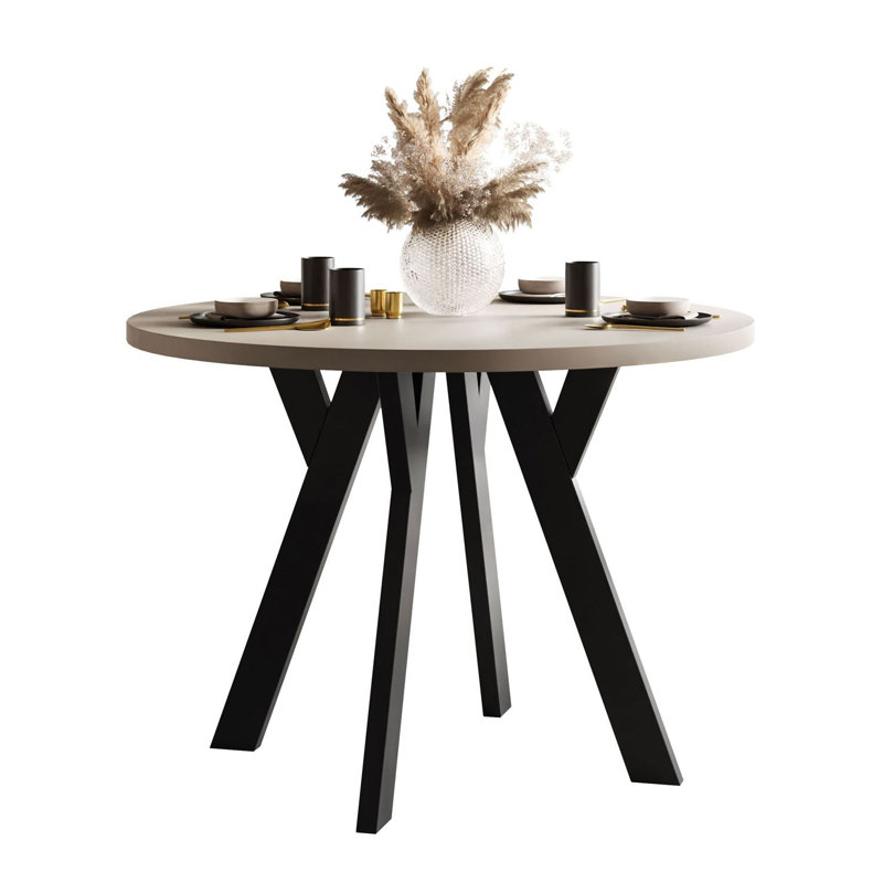 Extendable Round Metal Base Dining Table, Cashmere, Black