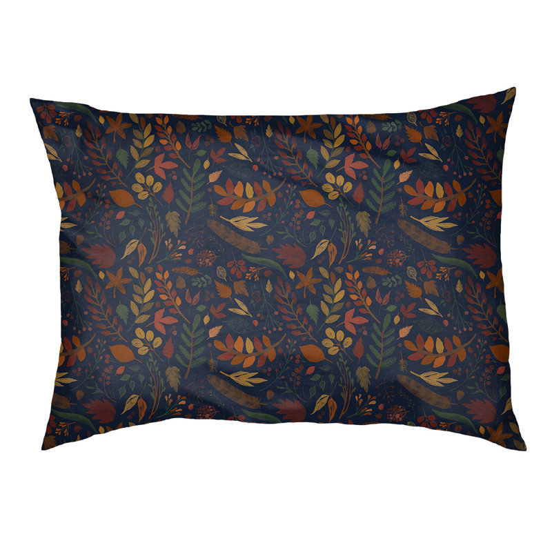 Oreiller d’automne à motif de feuillage d’automne, l 28 po x P 18 po x H 6 po, Bleu marine / jaune