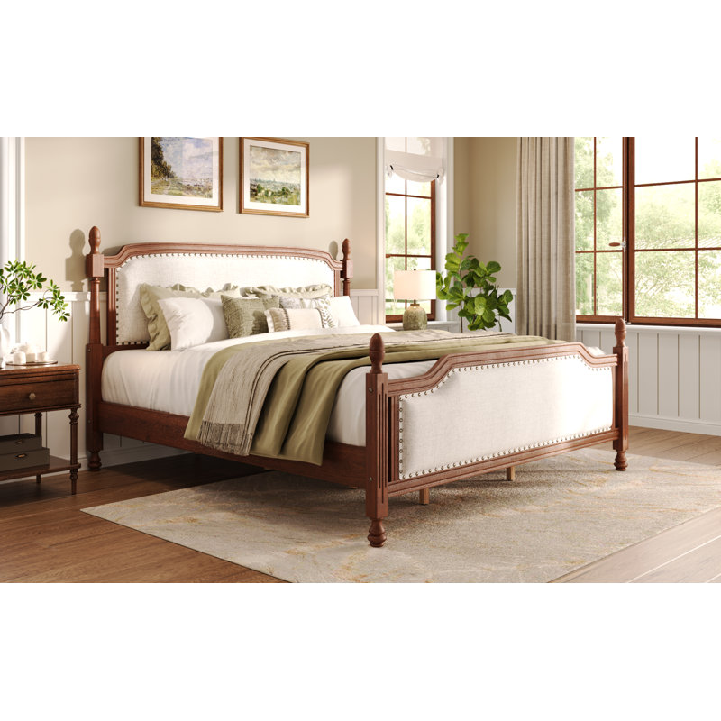 Lit plateforme tapissier Aveloire Classic, Grand lit, Beige et noyer