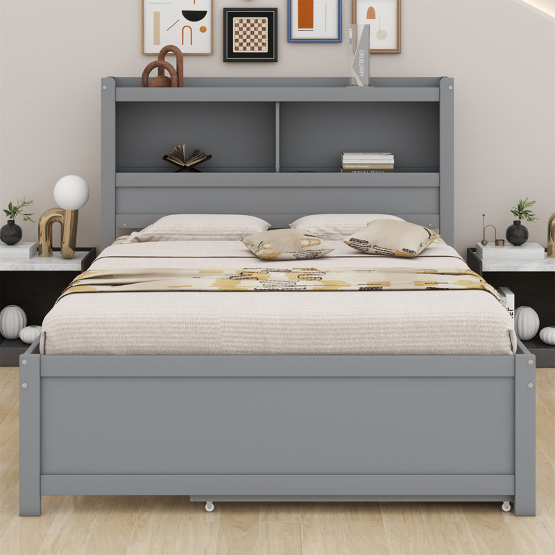 Lit plateforme avec lit gigogne, tiroirs et prises USB, Gris