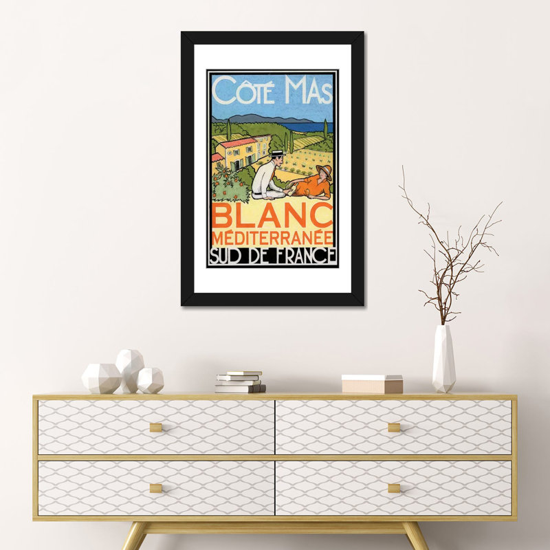 « white méditerranée », affiche rétro sur toile, H 24 po x l 16 po x P 1 po, Papier avec cadre noir, Blanc