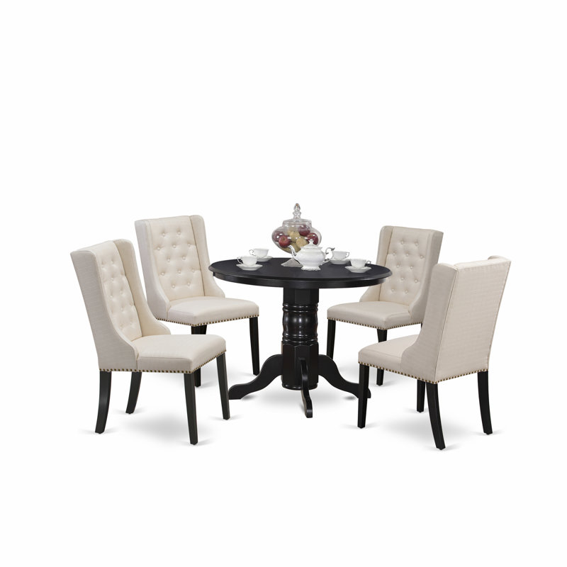 5 Piece Kitchen Table Set for 4 Includes a Round Dining Room Table with Pedestal and 4 Cream Linen Fabric Upholstered Chairs, Black