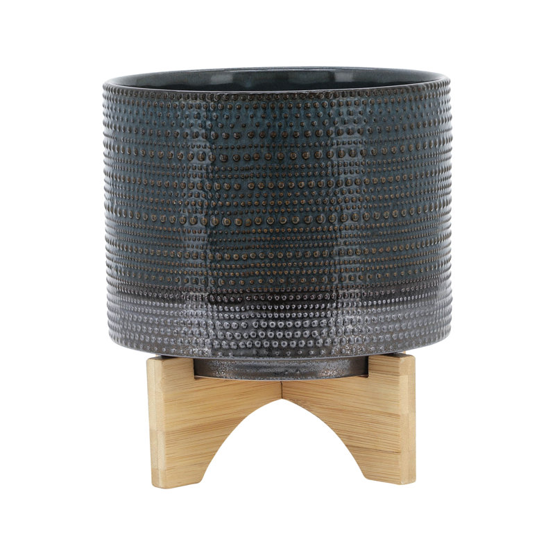 Jardinière en céramique 8 po avec plateforme en bois - Polyvalente pour le jardin et le salon