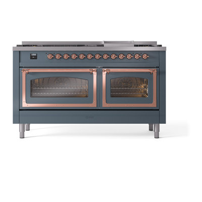 ILVE Nostalgie II Series 60 in. Dual Fuel Range with 9 Sealed Burners, Griddle (Natural Gas, Glass Door)
