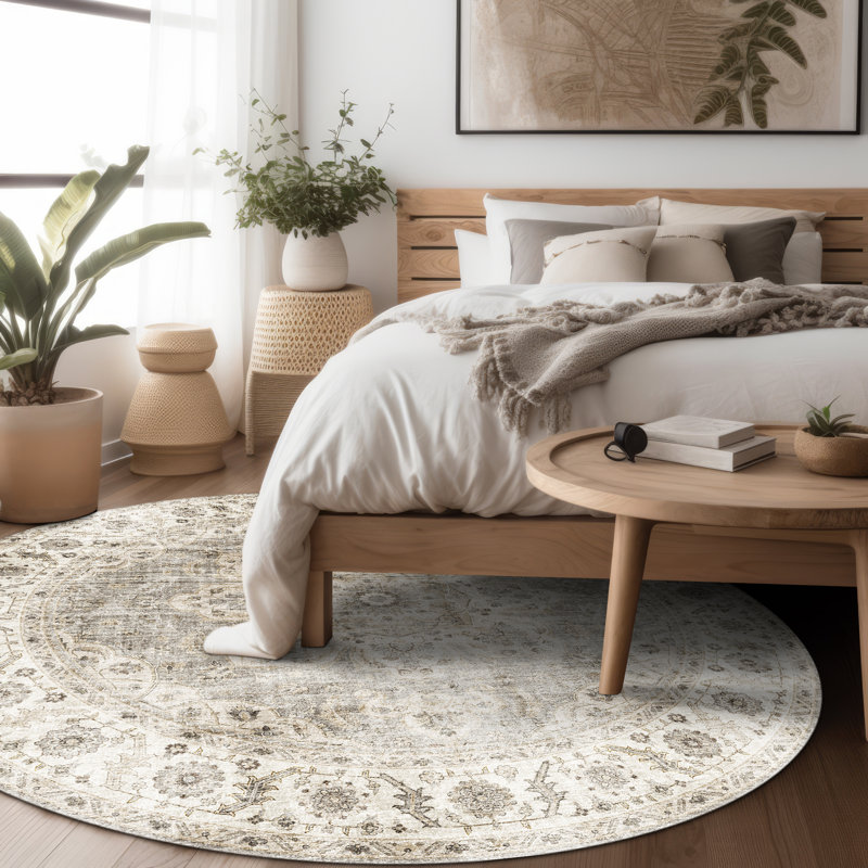 Lefkothea Joy Vintage Machine Washable Area Rug, Round 6', Beige Ivory