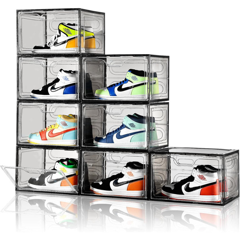 Boîtes de rangement pour chaussures empilables avec portes latérales transparentes, organisateur de chaussures grande capacité pour espadrilles, bottes et talons, contenants à chaussures en plastique durables pour placard et vestibule