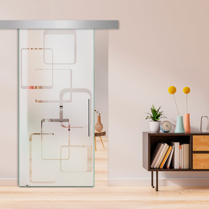 Porte de grange coulissante en verre sans cadre avec design moderne sablé et quincaillerie (semi-privée), 34 po x 84 po