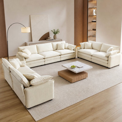Ensemble de salon moderne 3 pièces, deux canapés 2 places et un canapé 3 places, grand canapé rembourré à assise profonde avec coussin et coussins, velours côtelé beige