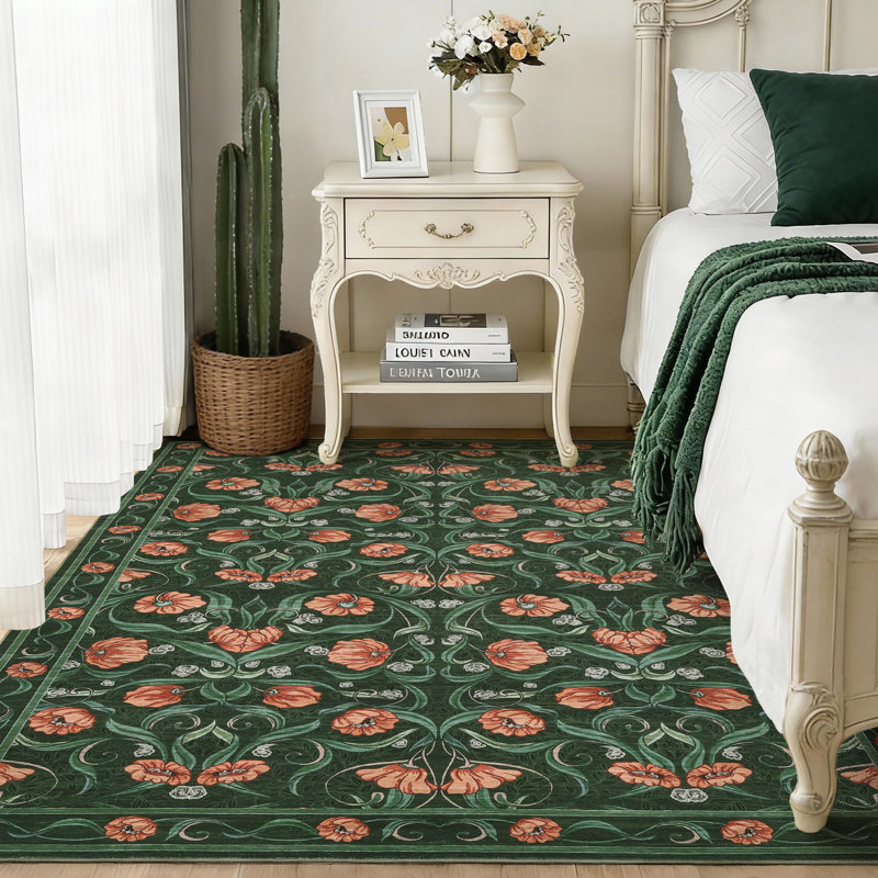 Area Rug, Floral Washable Rugs, Modern Style, Non-Slip Low-Pile Soft Floor Carpet for Bedroom, Living Room, Dining Room