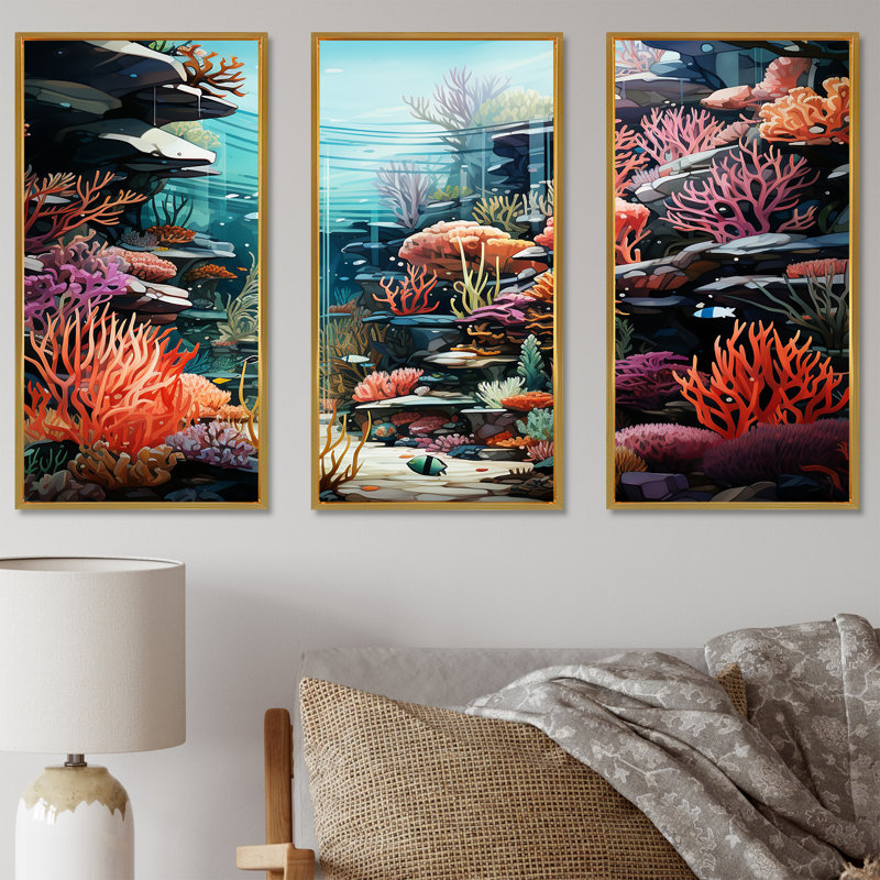 «Life in Coral Reef Paradise II» - art mural bord de mer tropical, Cadre flottant doré, H 32 po x l 48 po x P 1 po