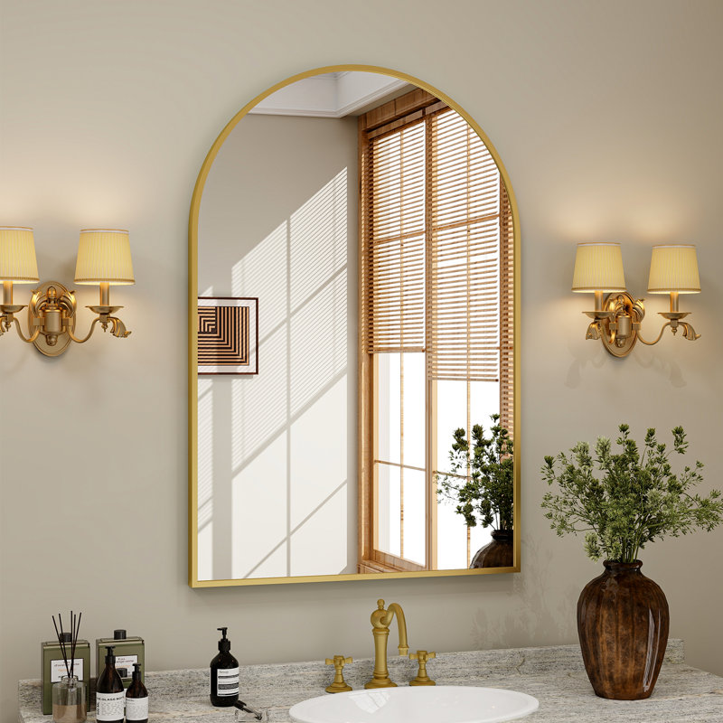 Lilaram Arched Metal Framed Wall Mirror Bathroom Mirror, Flax Gold, 91.4cm H x 61cm W