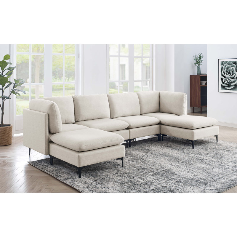 Canapé modulaire réversible avec repose-pieds Cheryal, Mélange de lin amande