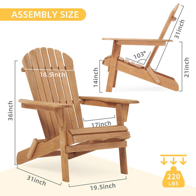 Chaise Adirondack pliante en bois 2 pièces, chaise longue d'extérieur pour patio