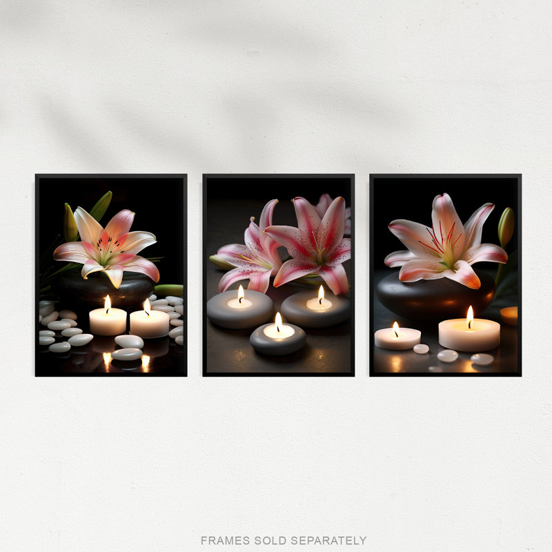 Lilies Zen Stones Candles Tranquil Spa Atmosphere Bathroom - 3 Piece No Frame Print Set, 40.5cm H x 30.5cm W x 0.3cm D