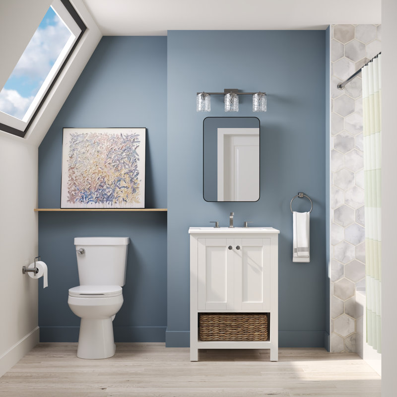 24" White Freestanding Bathroom Vanity with Ceramic Top and Woven Basket