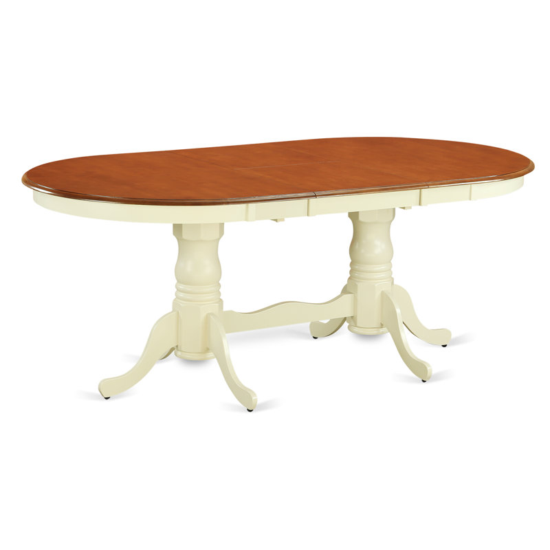 Plainville Kitchen Dining Table - an Oval Wooden Table Top with Butterfly Leaf & Double Pedestal Base, Buttermilk & Cherry