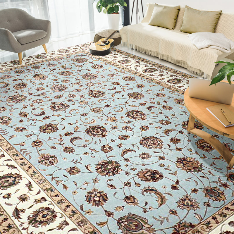 Tapis bleu clair et ivoire noué à la main de haute qualité