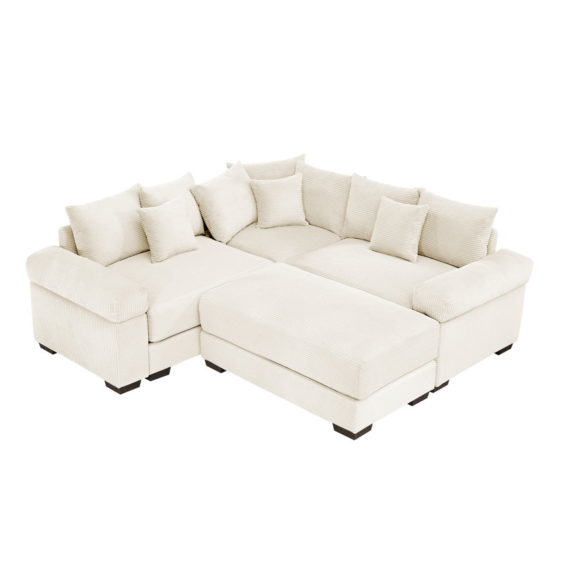 Kojka Convertible Corduroy Sectional Sofa with Thick Armrests & Movable Ottoman, Beige Corduroy