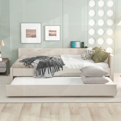 Queen Size Upholstered Platform Bed With USB Ports And Twin Size Trundle, Elegant Linen Fabric For Modern Bedrooms