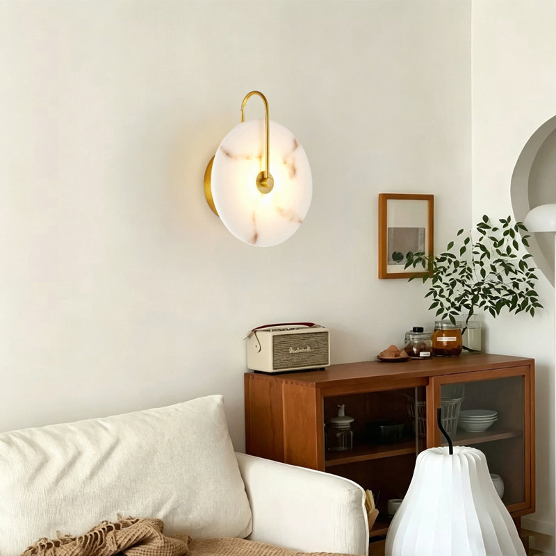 Round Alabaster Wall Sconce, Natural Marble Lampshade Wall Sconce, Hardwired Circular Sconce Led Modern Wall Lamp For Bedroom, Stairs, Living Room, Bedside, Hallway 9.8 Inch Gold