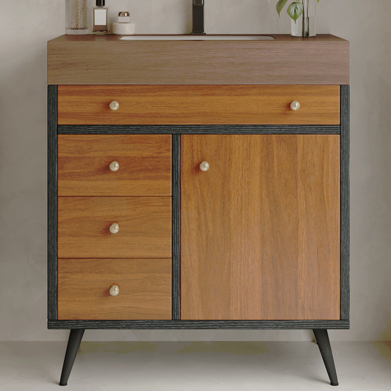 Meuble-lavabo autoportant moderne Mid-Century avec lavabo en céramique et plateau en pierre frittée, Brown