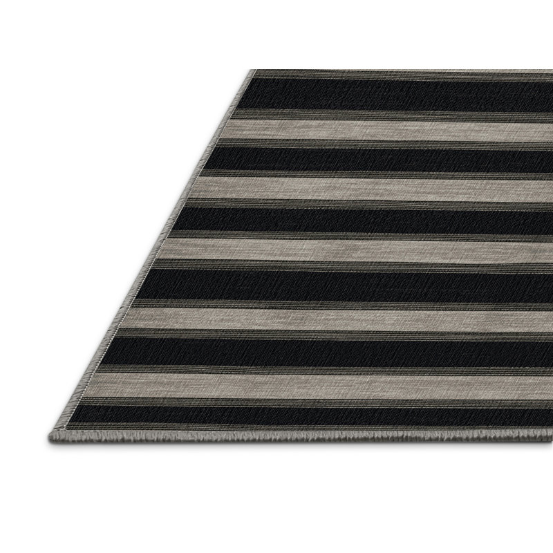 Washable Ebony Light Gray Striped Area Rug, Round 6'