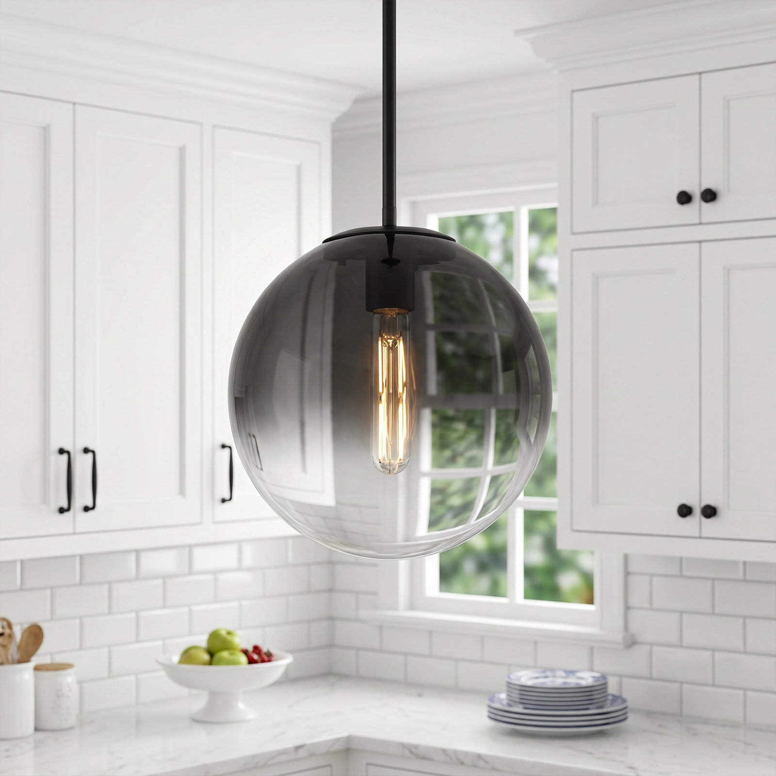 9" Glass pendany light, Matte Black, Black