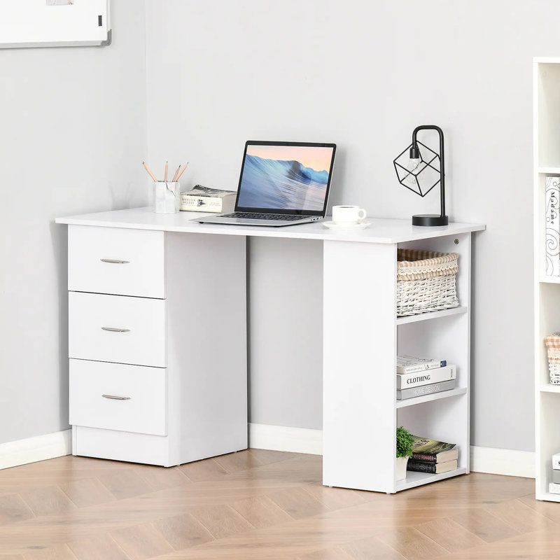 Bureau d'écriture avec bureau et bibliothèque 47,25 "avec 3 tiroirs et tablettes de rangement, Blanc