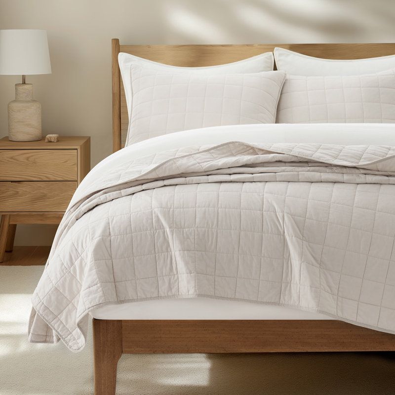 100% Cotton Box Stitch Quilt Set, Queen Quilt + 2 Queen Shams, Birch
