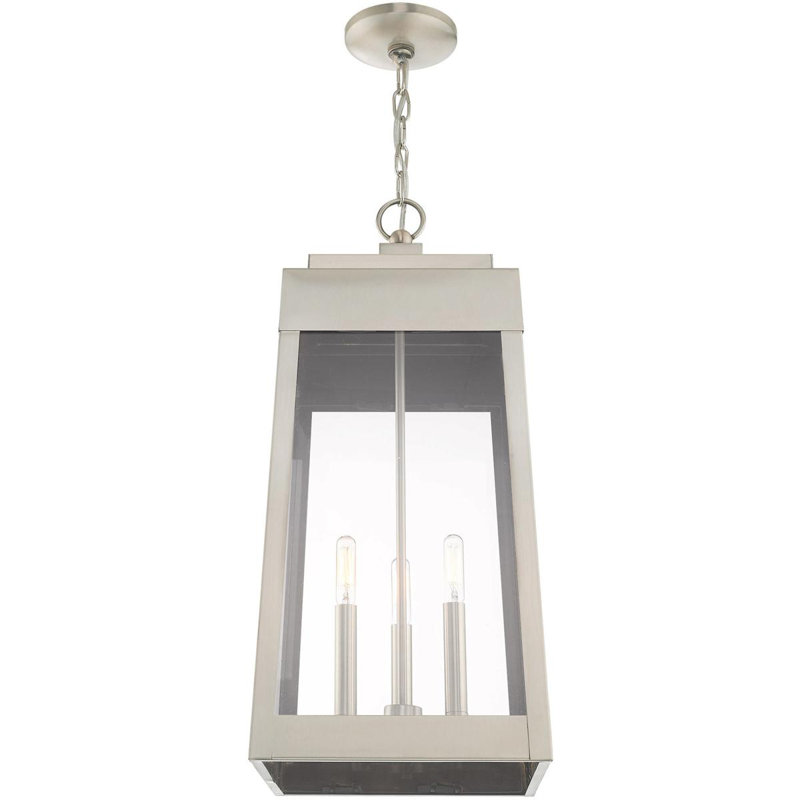 3 Light Outdoor Pendant Lantern with Clear Glass Shade, 24.50" H x 10.50" W x 10.50" D, Brushed Nickel
