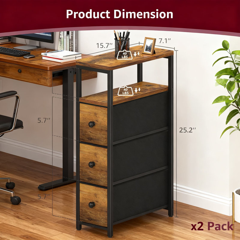 Narrow Nightstand Set Of 2, Slim Bedside Table With 3 Drawers For Small Spaces, Farmhouse Style Thin Side Table For Bedroom Or Living Room