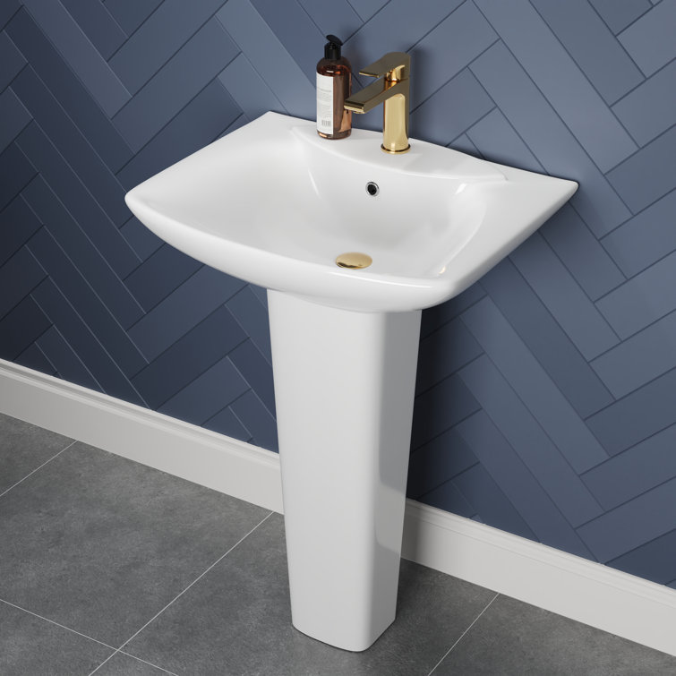 33.8" Tall White Rectangular Vitreous China Pedestal Bathroom Sink with Overflow