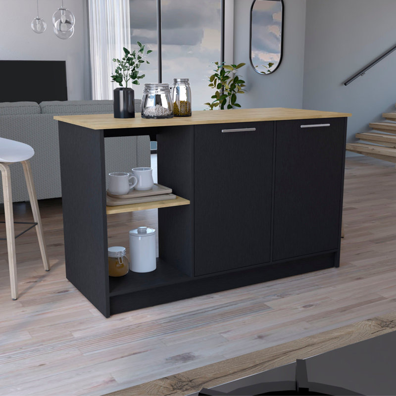 Îlot de cuisine 59 po de long avec armoire de rangement ouverte et fermée avec tablettes intérieures, table de préparation de cuisine moderne, table de salle à manger, table de bar pour la cuisine et la salle à manger