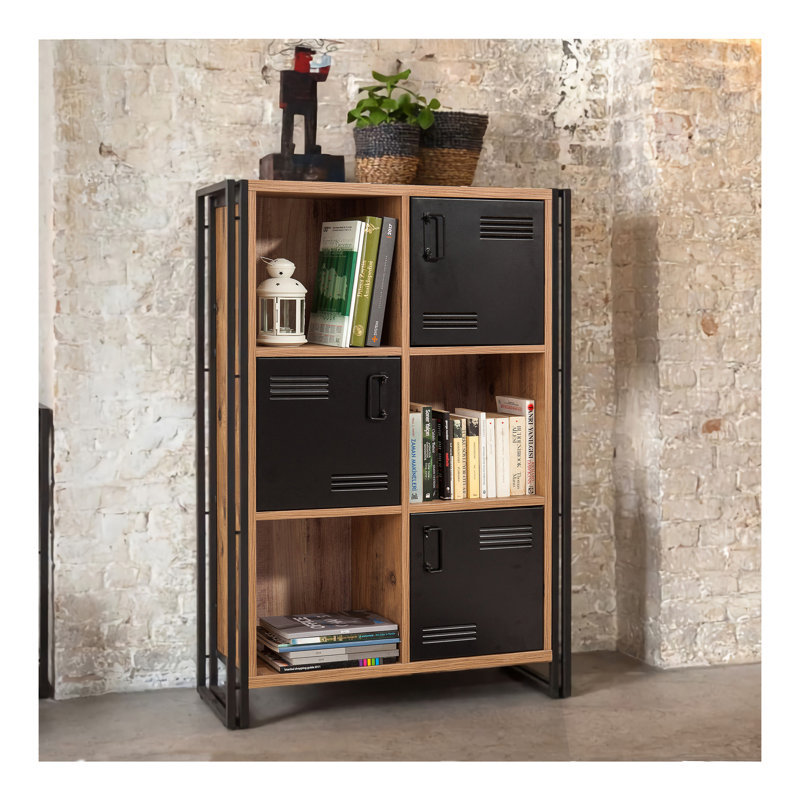 Bibliothèque industrielle moderne avec cadre en métal et portes plaquées, 35,0 x 50,0 x 13,8 pouces | 100% panneau de particules enduit de mélamine, 0,7 po d'épaisseur | Pin atlantique et noir | Fixation murale, nombreuses tablettes, capacité de 88 lb