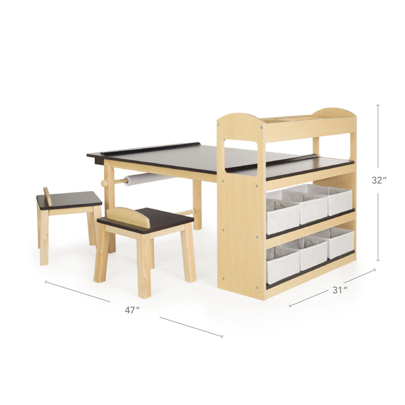 Kids' Wooden Art Center with Storage and Stools
