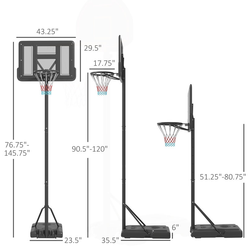 Versatile Portable Basketball Hoop for All Ages and Outdoor Use, 145.8" H x 35.5" W x 23.5" D