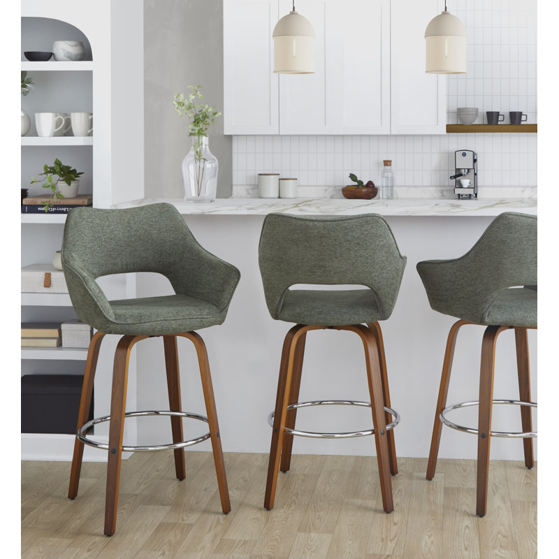 Sarah XL 30" Fixed-Height Upholstered Bar Stool with Bent Wood Legs & Round Footrest, Green